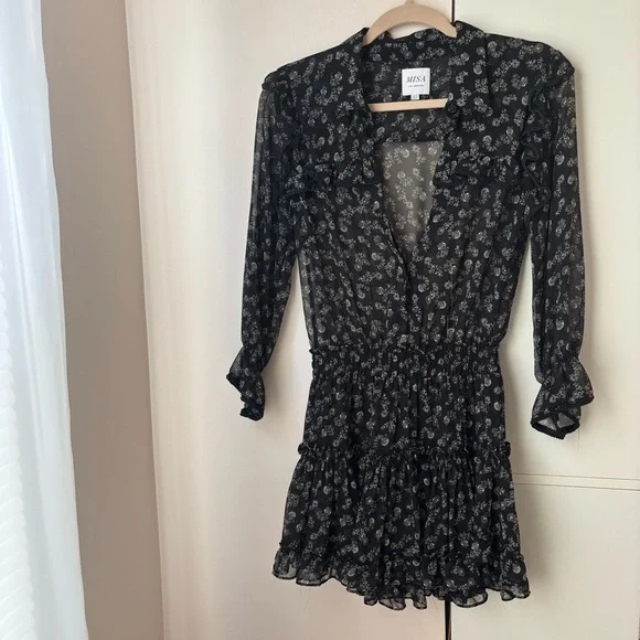 Misa Los Angeles Vittoria Black Floral Ruffle Mini Dress Medium NWOT Valentines - Picture 2 of 2